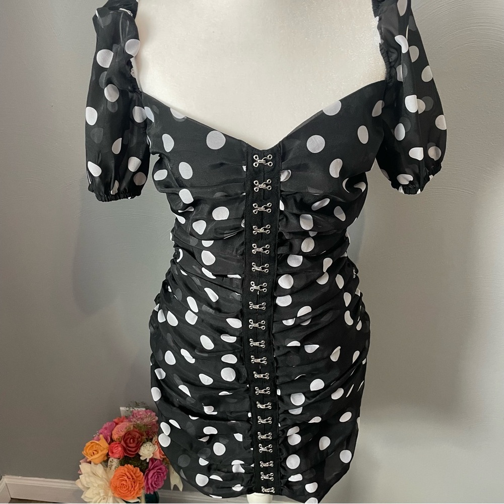 Urban Outfitters black and white polka dot ruched corset dress with puff sleeves - Picture 2 of 11